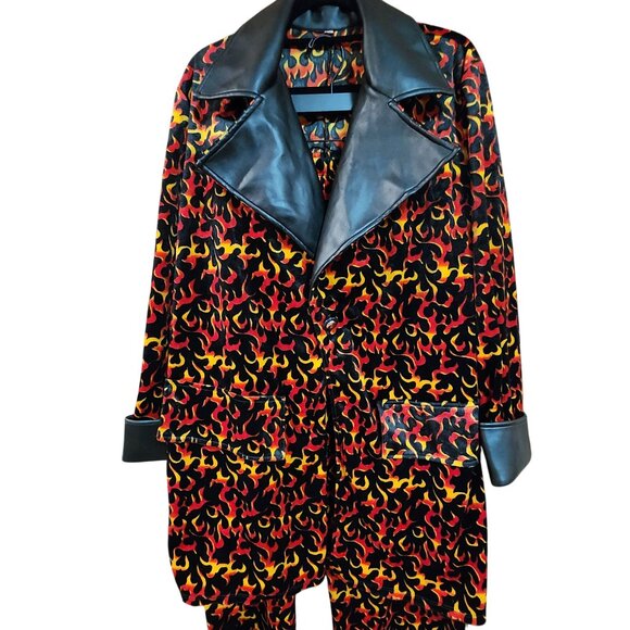 Velour Flame Patterned Two-Piece Suit With Faux Leather Lapel & Cuffs Mens L - Picture 3 of 5